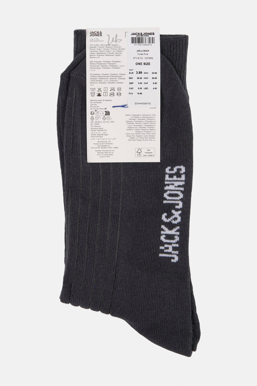 Grijze sokken van ACCESSORIES BY JACK & JONES, met ribbels en de merknaam in witte letters.
