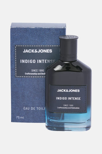 Blauwe parfum van ACCESSORIES BY JACK & JONES, met verpakking met denimtextuur en witte stiksels.