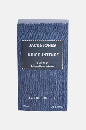 Blauwe parfum van ACCESSORIES BY JACK & JONES in een kartonnen verpakking met denim-textuur en witte letters.
