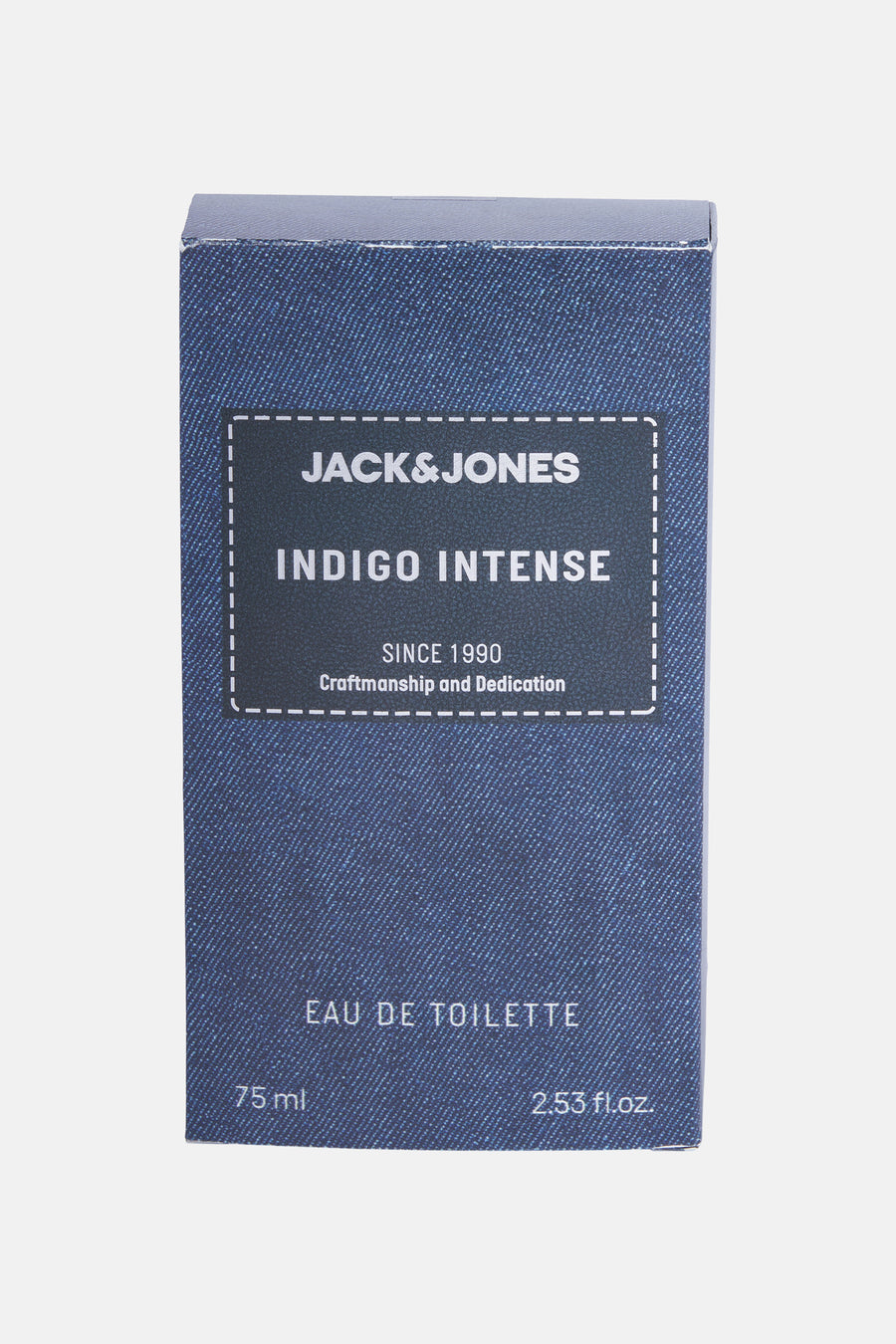 Blauwe parfum van ACCESSORIES BY JACK & JONES in een kartonnen verpakking met denim-textuur en witte letters.
