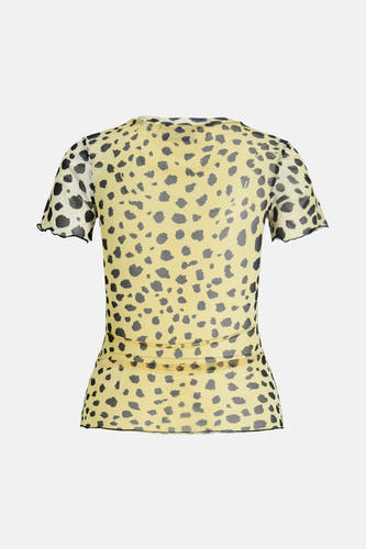 Geel T-shirt met korte mouwen van JJXX, met luipaardprint en ruffle details.