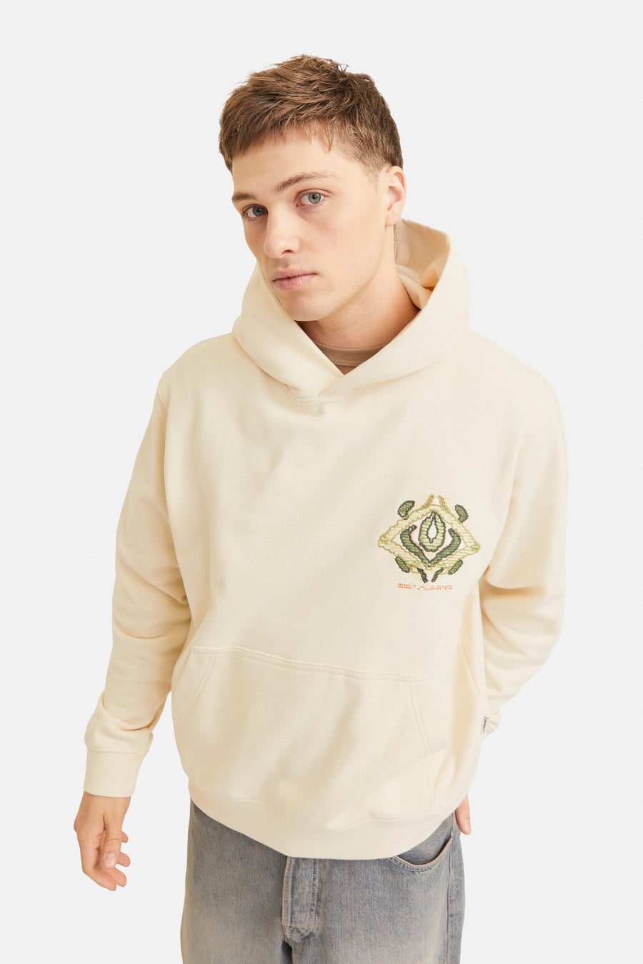 Ecrukleurige hoodie van ORIGINALS BY JACK & JONES, met geborduurde details en een buidelzak.