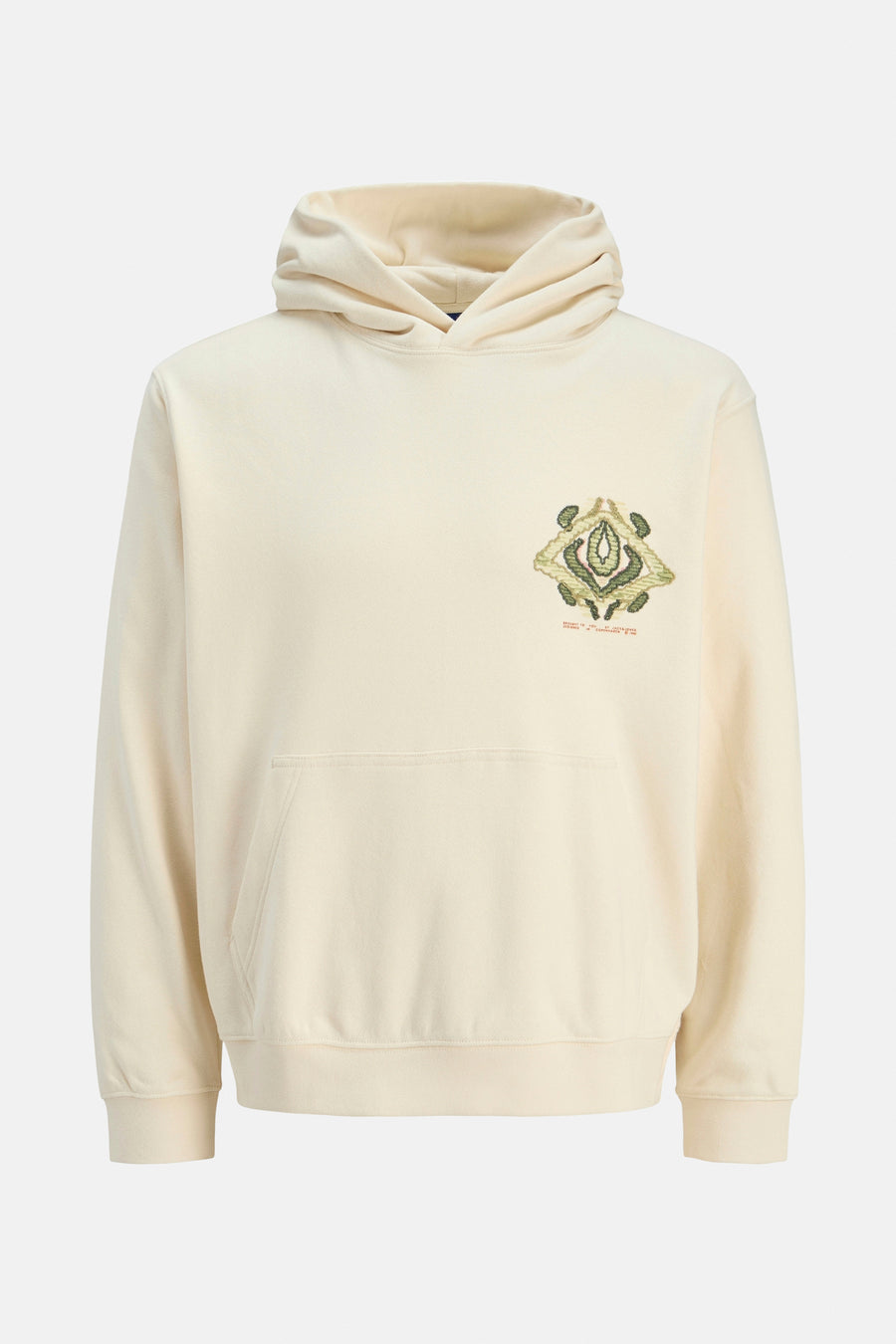 Ecru sweater met capuchon van ORIGINALS BY JACK & JONES, met een opvallende print op de borst en een buidelzak.