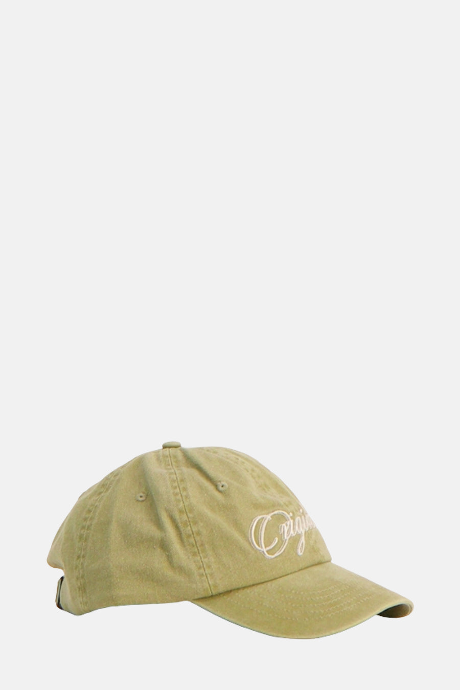 Olijfgroene baseballpet met witte tekst.