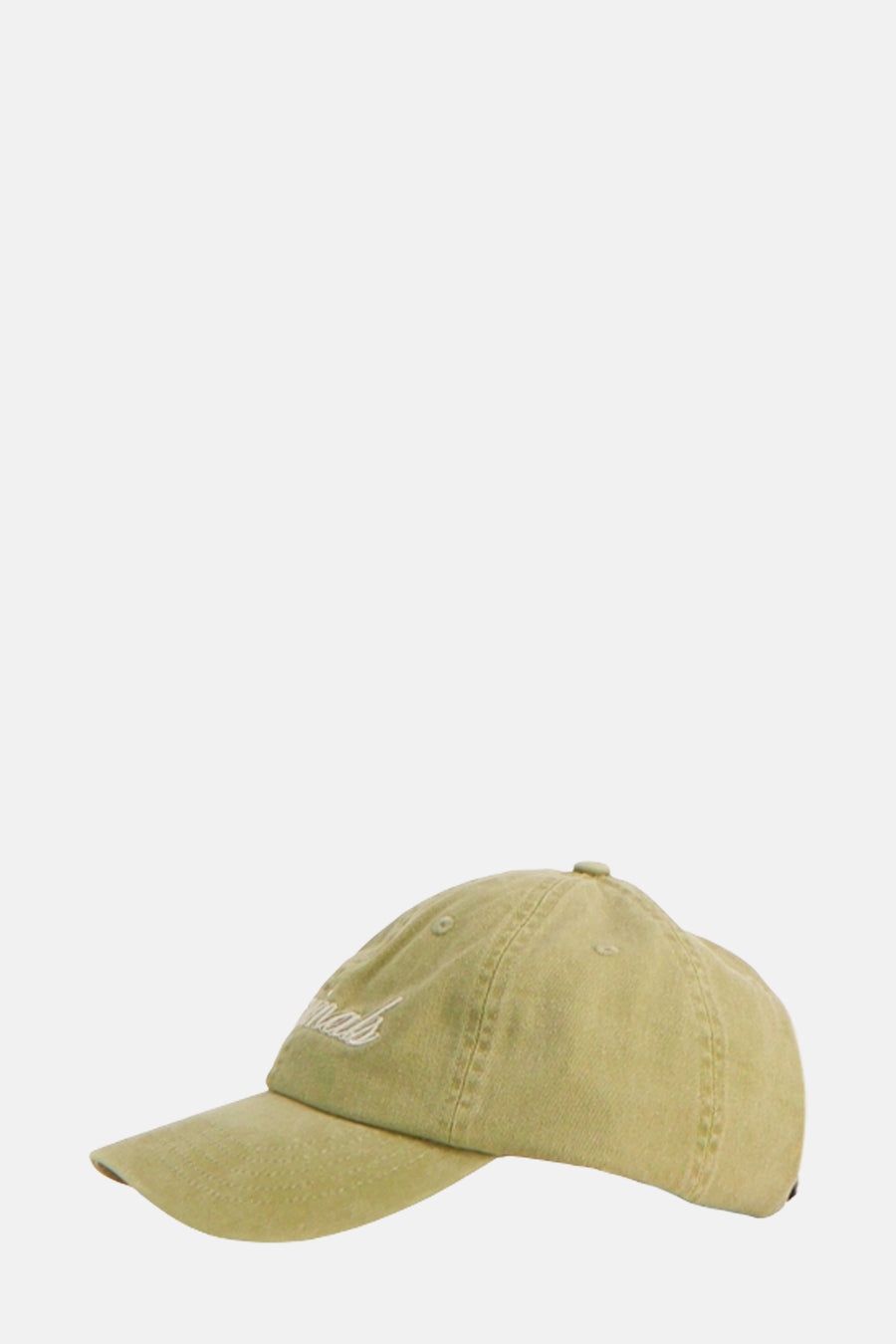 Olijfgroene baseballpet met geborduurde tekst.