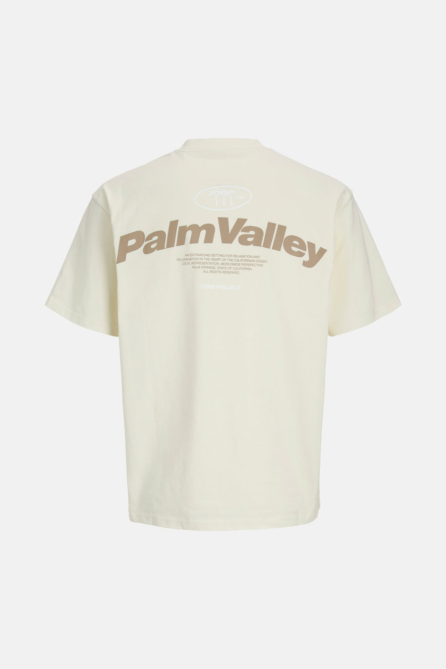 Ecru T-shirt met korte mouwen van CORE BY JACK & JONES, met opdruk van "Palm Valley" op de rug.
