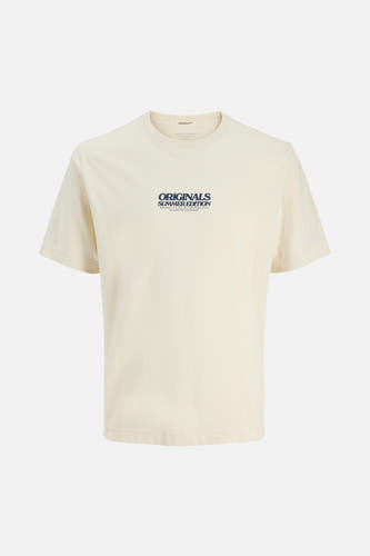 T-shirt écru à manches courtes d'ORIGINALS BY JACK & JONES, avec une impression de texte bleu marine sur la poitrine.