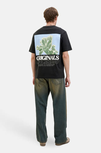T-shirt noir à manches courtes d'ORIGINALS BY JACK & JONES, avec un imprimé cactus sur le dos.