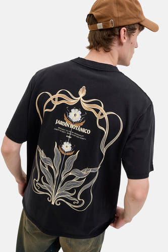 T-shirt noir à manches courtes d'ORIGINALS BY JACK & JONES, avec une impression botanique sur le dos.