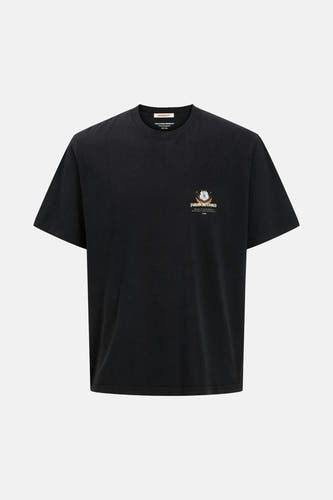 T-shirt noir à manches courtes d'ORIGINALS BY JACK & JONES, avec une impression botanique sur la poitrine.