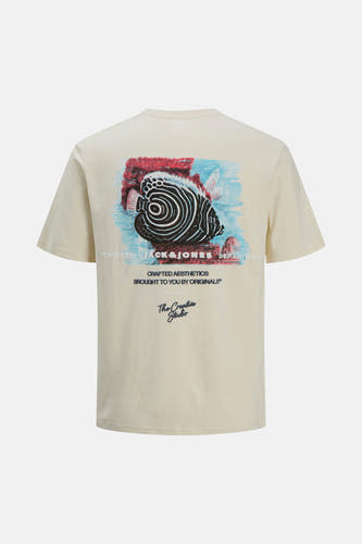 Ecru T-shirt met korte mouwen van ORIGINALS by JACK & JONES, met grafische print van een vis op de rug.