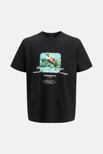 T-shirt noir à manches courtes d'ORIGINALS BY JACK & JONES, avec imprimé de fleurs et détails textuels.