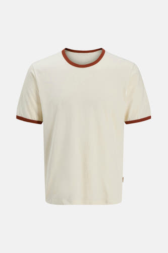 Ecru T-shirt met korte mouwen van ORIGINALS BY JACK & JONES, met bruine ribbels bij de hals en mouwen.