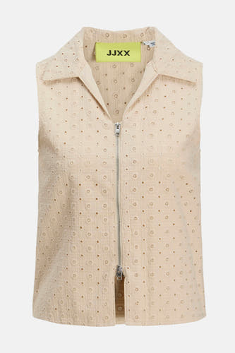 Beige mouwloze blouse van JJXX met bloemenpatroon, rits en kraag.