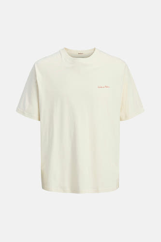 T-shirt écru à manches courtes d'ORIGINALS BY JACK & JONES, avec une petite impression de texte rouge sur la poitrine.