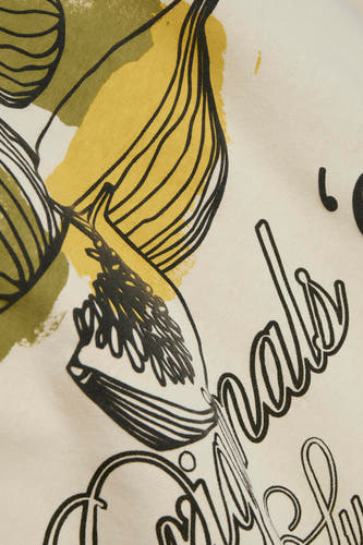 Beige T-shirt met korte mouwen van ORIGINALS BY JACK & JONES, met abstracte vijgen en tekstprint.