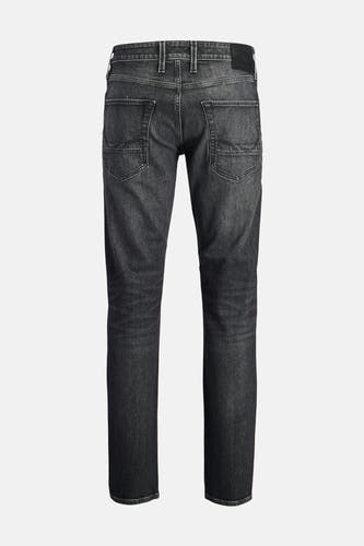 Straight jeans van donkergrijs denim, van JACK & JONES JEANS INTELLIGENCE, met achterzakken en riemlussen, achteraanzicht.