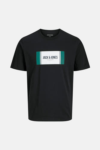 Zwart T-shirt met korte mouwen van CORE by JACK & JONES, met een rechthoekige logo-opdruk op de borst.
