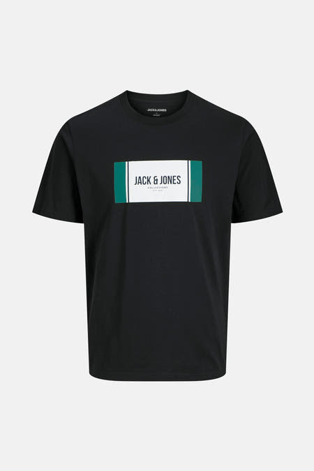 Zwart T-shirt met korte mouwen van CORE by JACK & JONES, met een rechthoekige logo-opdruk op de borst.