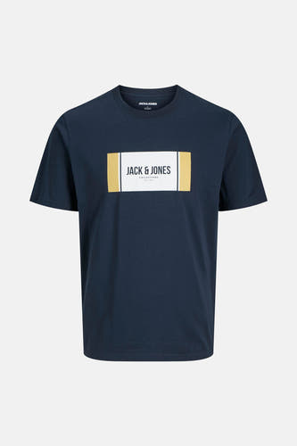 Blauw T-shirt met korte mouwen van Jack & Jones, met een rechthoekige print op de voorkant.
