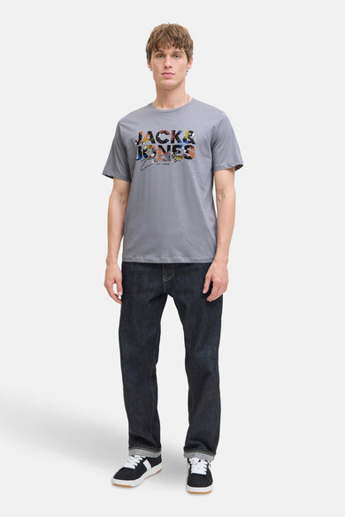 T-shirt gris à manches courtes d'ORIGINALS par JACK & JONES, avec une impression de logo colorée.