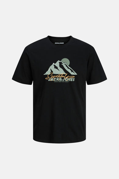 T-shirt noir avec un motif de montagne et le logo JACK&JONES.