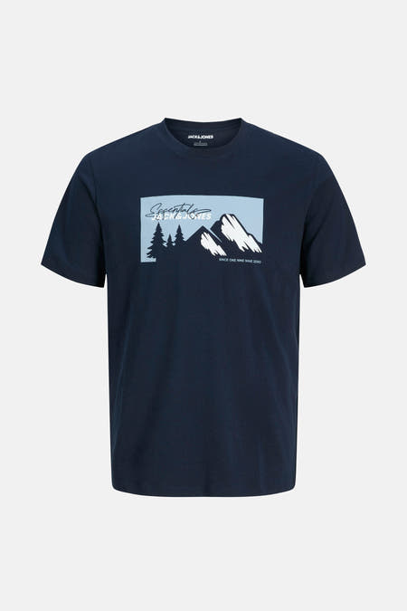 T-shirt bleu à manches courtes d'ORIGINALS BY JACK & JONES, avec un imprimé montagne graphique sur la poitrine.