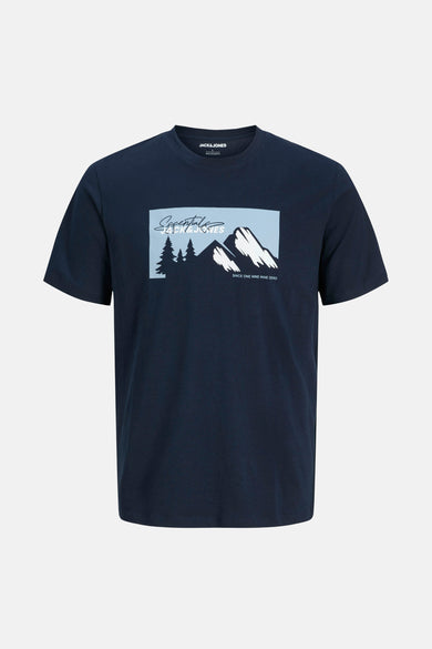 T-shirt bleu à manches courtes d'ORIGINALS BY JACK & JONES, avec un imprimé montagne graphique sur la poitrine.