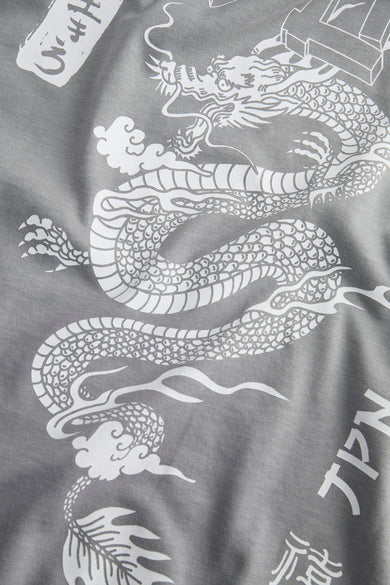 Grijs T-shirt met korte mouwen van ORIGINALS BY JACK & JONES, met een print van een witte draak en Japanse tekens.