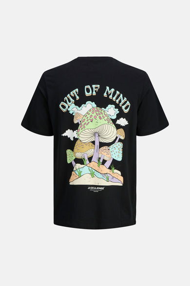 T-shirt noir à manches courtes d'ORIGINALS BY JACK & JONES, avec imprimé de chapeau de sorcière et texte "OUT OF MIND" sur le dos.