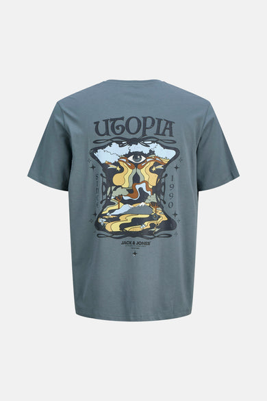 Blauw T-shirt met korte mouwen van Jack & Jones met een utopische print op de rug.