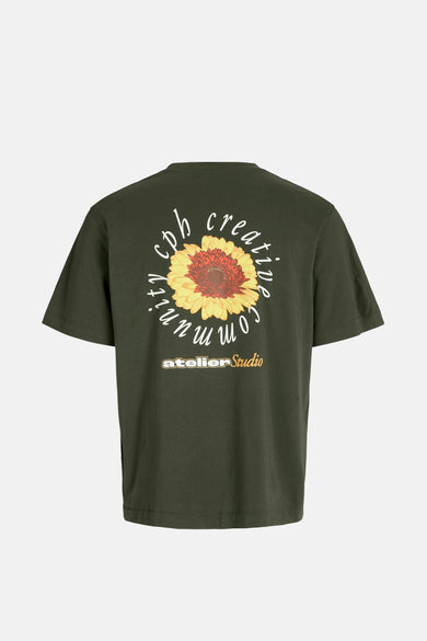 Groen T-shirt met korte mouwen van ORIGINALS BY JACK & JONES, met bloemenprint en tekst op de rug.