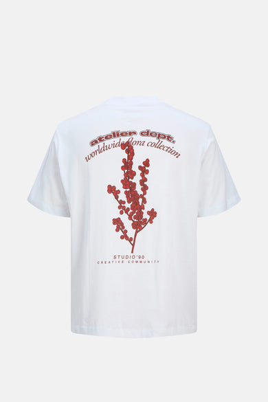 T-shirt blanc à manches courtes d'ORIGINALS BY JACK & JONES, avec une impression rouge sur le dos.