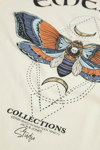 Beige T-shirt met korte mouwen van ORIGINALS BY JACK & JONES, met grafische print van een vlinder en de tekst "Collections".