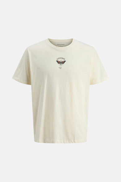 Beige T-shirt met korte mouwen van ORIGINALS by JACK & JONES, met print van een vlinder en tekst.