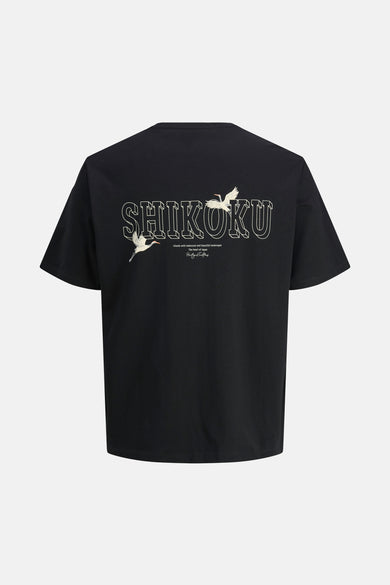 T-shirt noir à manches courtes d'ORIGINALS BY JACK & JONES, avec une impression du texte 'Shikoku' et des grues sur le dos.