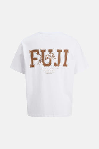 T-shirt blanc à manches courtes d'ORIGINALS BY JACK & JONES, avec des imprimés "FUJI" et tigre bruns.