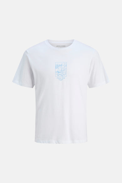 T-shirt blanc à manches courtes d'ORIGINALS BY JACK & JONES, avec une impression "Social Club" bleu clair sur la partie avant.