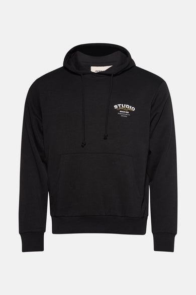 Zwarte sweater met kap van ORIGINALS BY JACK & JONES, met logo-opdruk op de borst en een buidelzak.