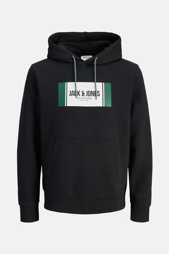 Zwarte sweater met kap van CORE by JACK & JONES, met merklogo op de borst en trekkoorden.