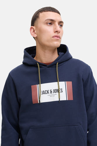 Pull-over bleu avec capuche de CORE par JACK & JONES, avec logo de marque sur la poitrine et cordons de serrage.