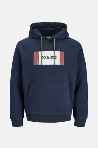 Pull-over bleu avec capuche de CORE BY JACK & JONES, avec des cordons et un logo rectangulaire sur la poitrine.