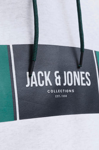 Grijze sweater met kap van CORE BY JACK & JONES, met groene en witte details en trekkoord.