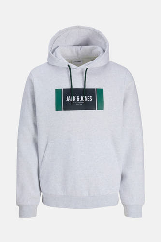 Grijze sweater met kap van CORE BY JACK & JONES, met een rechthoekige print op de borst en trekkoorden.
