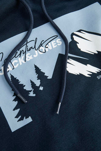 Blauwe sweater met kap van ORIGINALS by JACK & JONES, met grafische print en trekkoord.