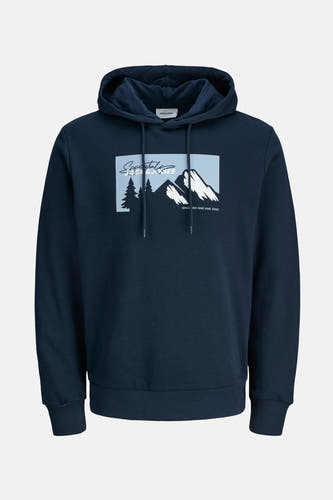 Blauwe sweater met capuchon van ORIGINALS by JACK & JONES, met bergen en dennenbomen als print.