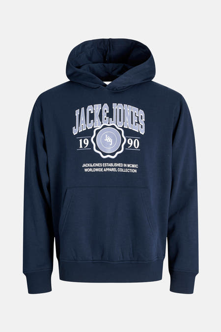 Blauwe sweater met kap van ORIGINALS BY JACK & JONES, met een print op de voorkant.
