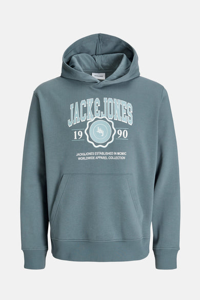 Blauwe sweater met capuchon van Originals by Jack & Jones, met witte print op de borst.