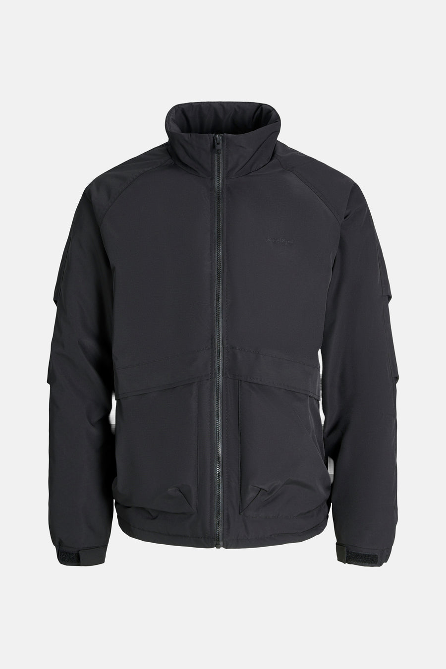 Zwarte korte jas van CORE BY JACK & JONES, met rits, hoge kraag en zakken.