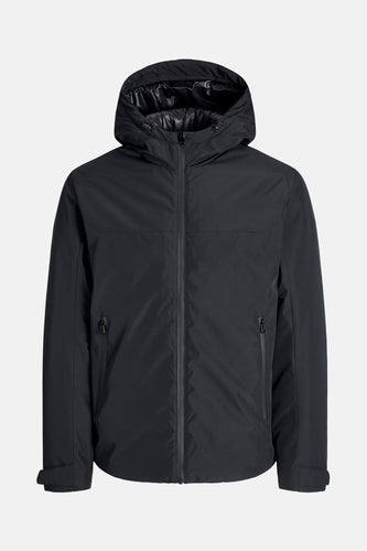 Zwarte korte jas van CORE BY JACK & JONES, met capuchon en ritssluiting.